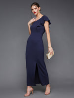 Smile Out Loud Ruffled One Shoulder Dress Navy Blue