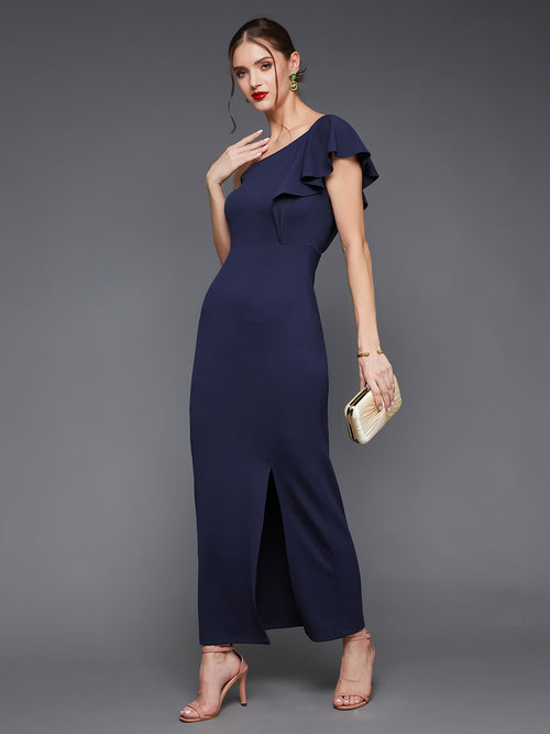 Smile Out Loud Ruffled One Shoulder Dress Navy Blue