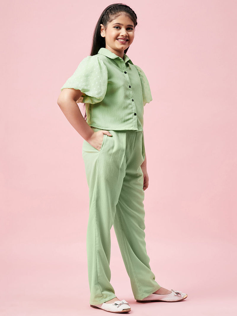 Girl's Feminine Solid Top with Plazzo Green