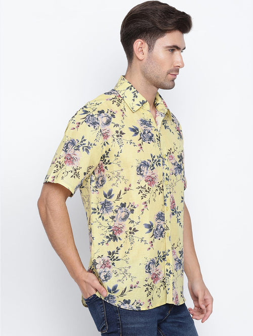 Sunny Yellow Floral Print Causal Men Shirt