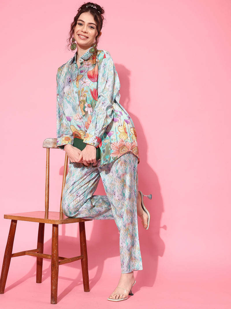 Indo Era Women Printed Shirt with Trousers Co-Ords