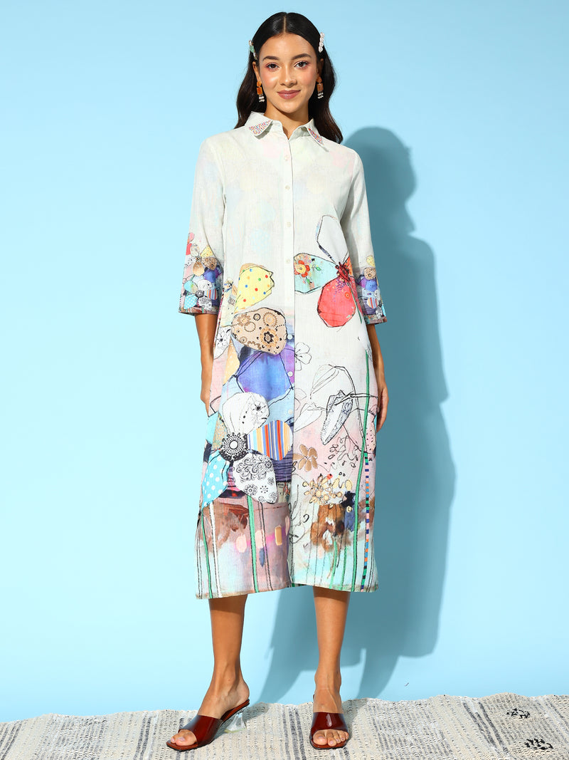 Indo Era Floral Print Linen Blend A-Line Midi Dress