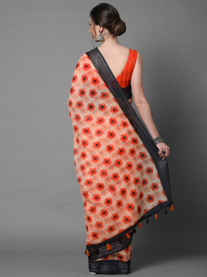 Sareemall Cream & Orange Casual Linen Printed Saree With Unstitched Blouse