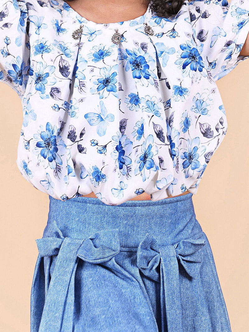Floral Printed Top With Skirt Ballon Top Round Neck With Short Sleeves