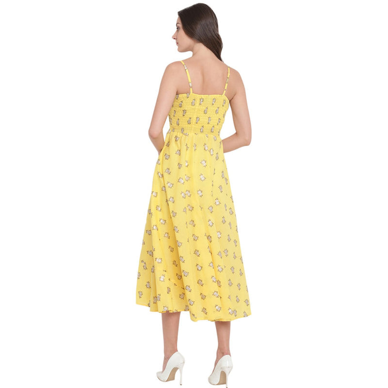 Aawari Cotton Printed Bobbin Gown For Girls and Women (Light Yellow)