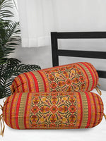Clasiko Cotton Bolster Covers Set Of 2 300 TC Orange Green Traditional 30x15 Inches
