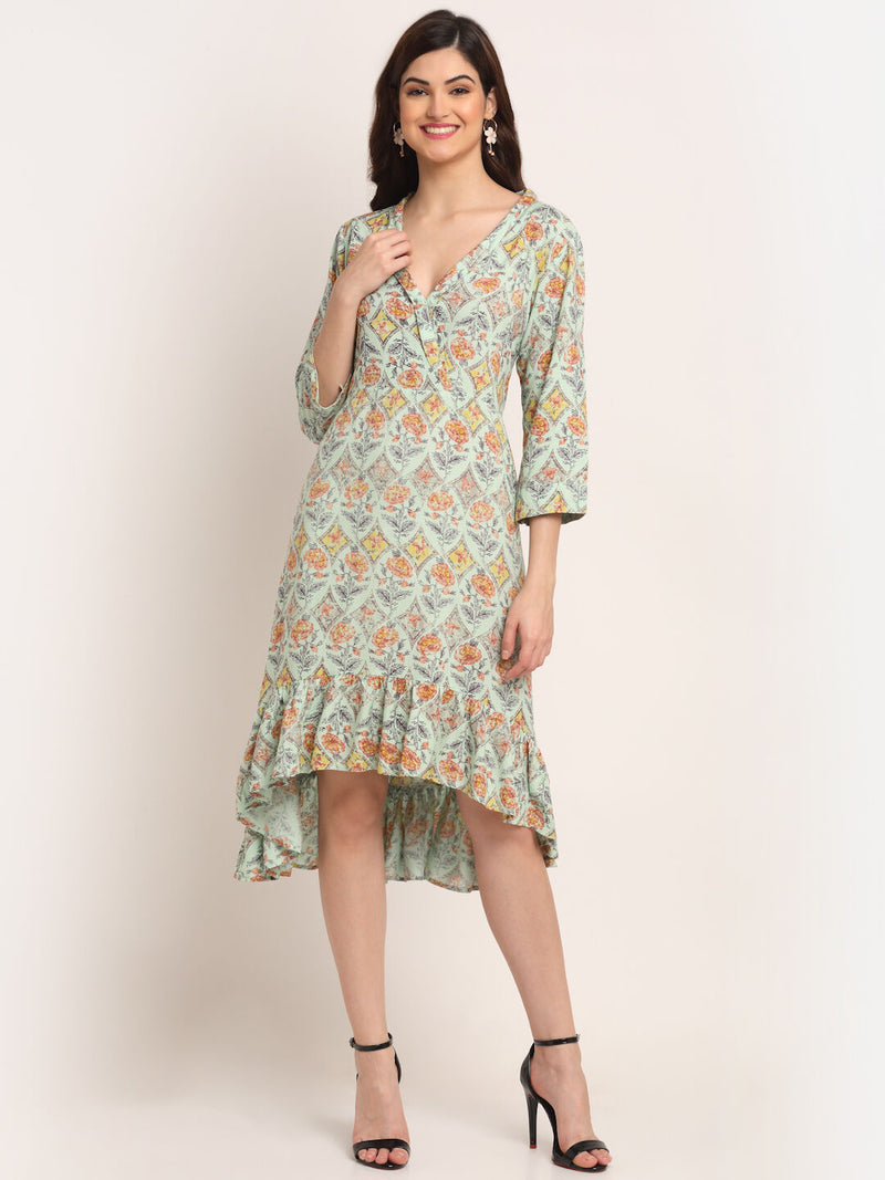 Aawari Rayon A-Line Green Rose Printed Short Dress For Women and Girls