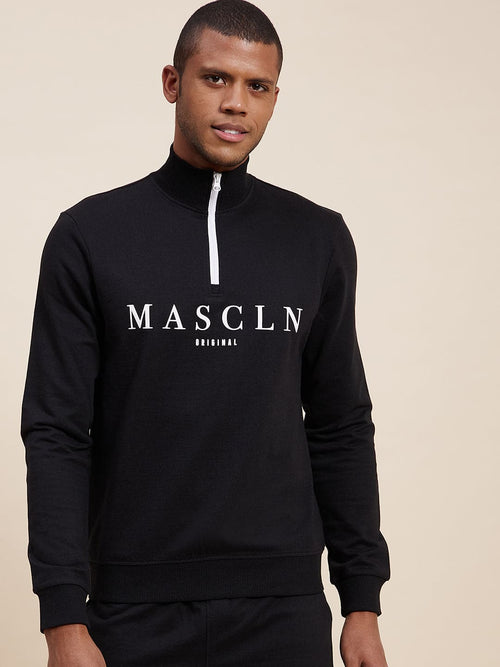 Men's Black High Neck Half Zipper MASCLN Sweatshirt