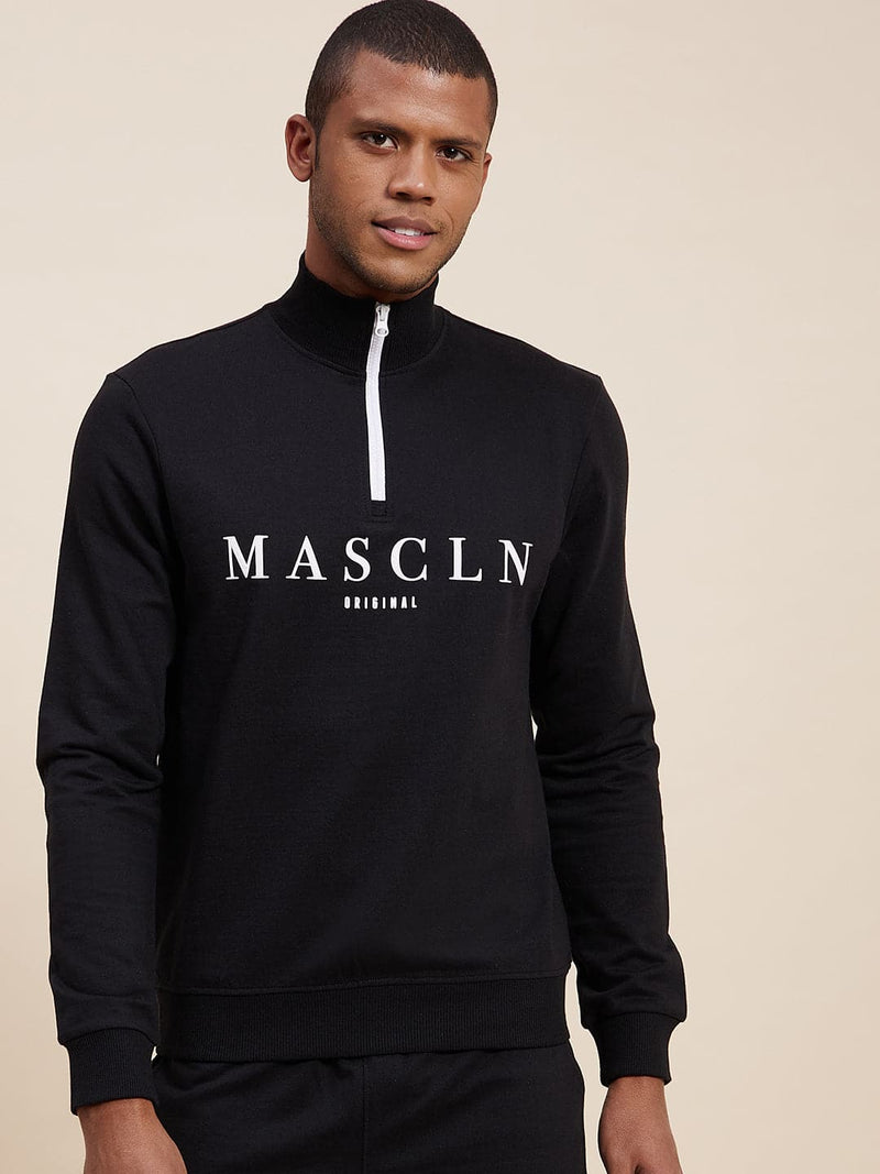 Men's Black High Neck Half Zipper MASCLN Sweatshirt