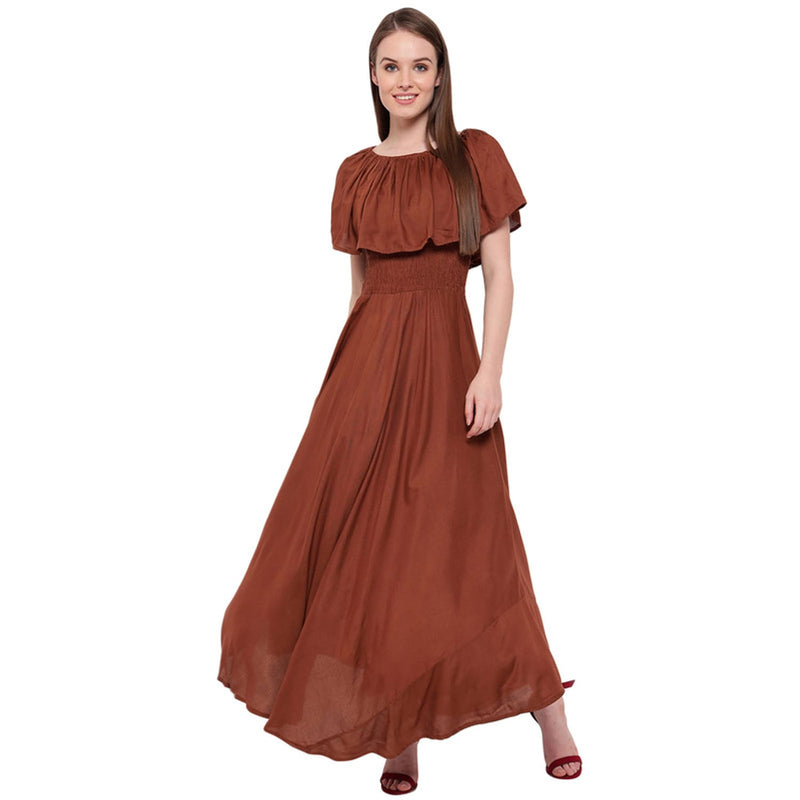 Aawari Rayon Frill Gown For Girls and Women Coffee