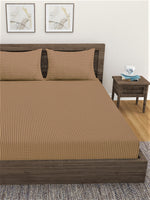 Home Sizzler 300TC Microfibre Beige Satin Striped Elastic Fitted Double Bedsheet with 2 King Size Pillow Covers, Fit for Mattress: 72"X75" & 72"X78"