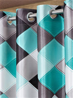 Home Sizzler 2 Pieces Aesthetic Checkered Eyelet Polyester Long Door Curtains - 9 Feet, Aqua