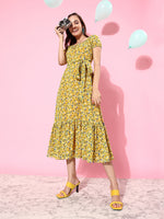The Great Cleansing Printed Ruffled Midi Dress Multicolored-Base-Yellow