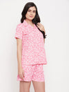 Clovia Pretty Florals Button Me Up Shirt & Shorts Set in Salmon Pink - Rayon