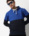 Campus Sutra Men's Blue Solid Colour-Blocked Regular Fit Sweatshirt With Hoodie For Winter Wear | Full Sleeve | Cotton Sweatshirt | Casual Sweatshirt For Man | Western Stylish Sweatshirt For Men