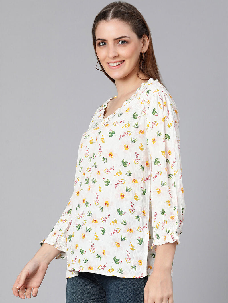 Solace White Floral Print Women Top