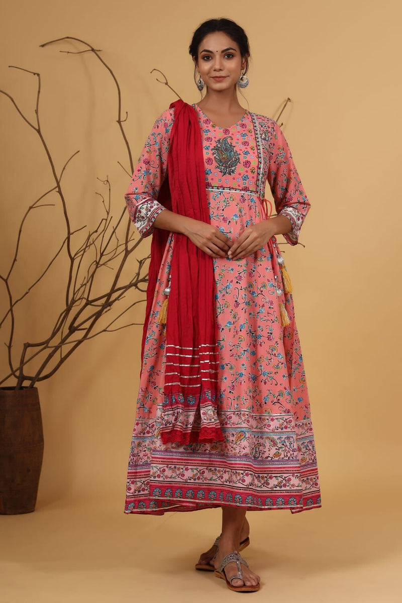 Juniper Coral Cambric Floral Print Anarkali Dress & Dupatta Set with Rubber-Band
