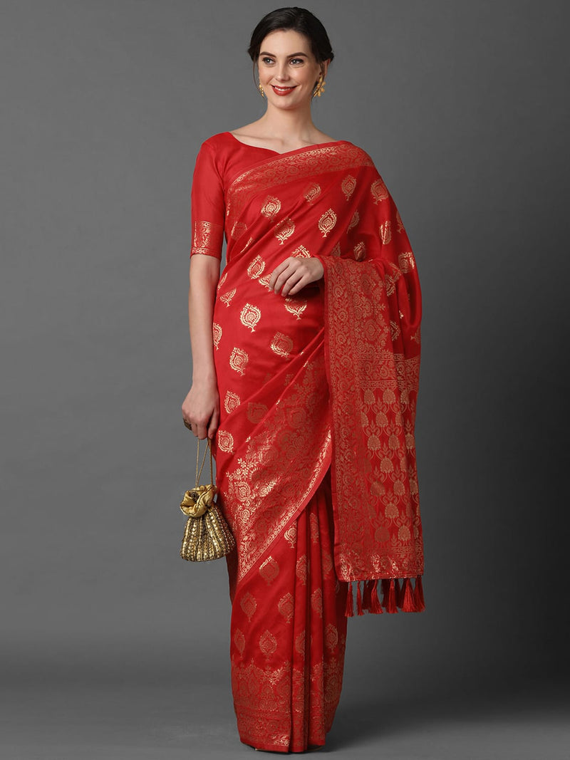 Extravagant Sareemall Red Festive Silk Blend Woven Design Saree With Unstitched Blouse