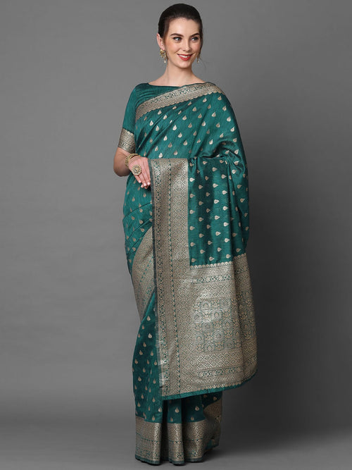 Weaving Sareemall Teal Blue Festive Silk Blend Woven Design Saree With Unstitched Blouse