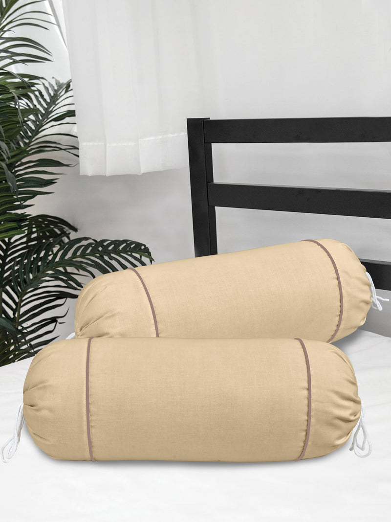 Clasiko Cotton Bolster Covers Set Of 2 300 TC Beige With Brown Piping 30x15 Inches
