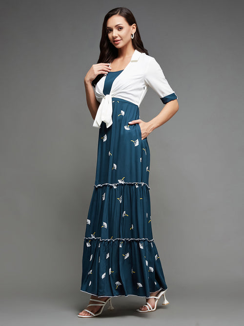 Pass The Color Tie-Up Tiered Maxi Dress Teal