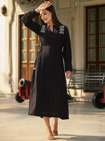 Juniper Women Black Cotton Dobby Embroidered Flared Maxi Dress.