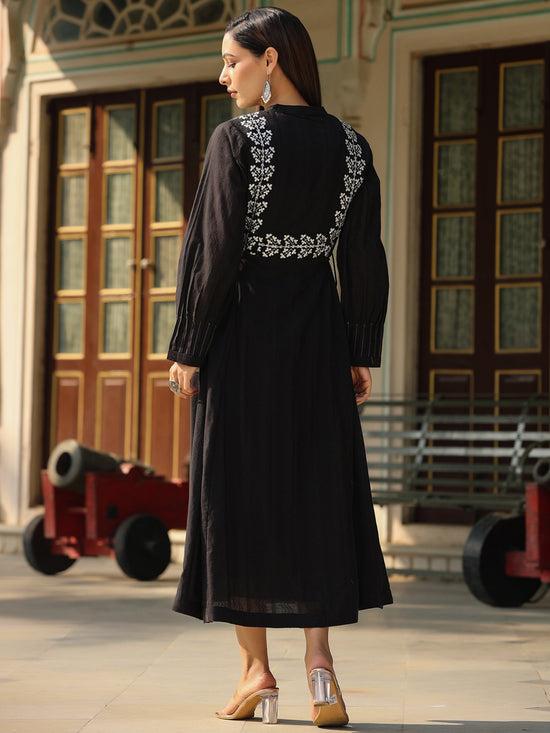 Juniper Women Black Cotton Dobby Embroidered Flared Maxi Dress.