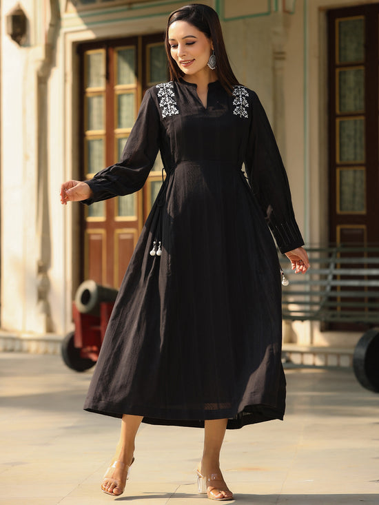 Juniper Women Black Cotton Dobby Embroidered Flared Maxi Dress.