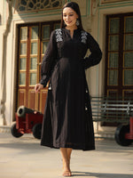 Juniper Women Black Cotton Dobby Embroidered Flared Maxi Dress.