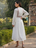 Juniper Women Multi-Coloured Cotton Dobby Embroidered Flared Maxi Dress.