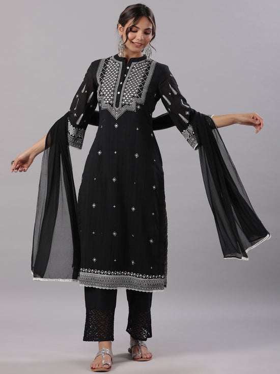 Juniper Women Black Cotton Dobby Embroidered Kurta, Pant & Dupatta Set.