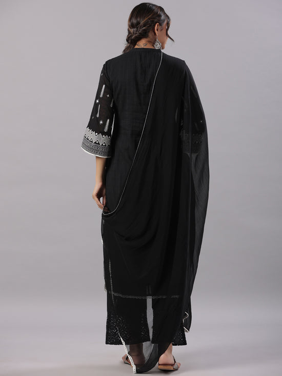 Juniper Women Black Cotton Dobby Embroidered Kurta, Pant & Dupatta Set.