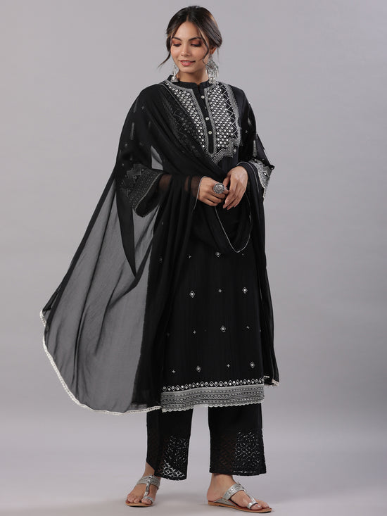 Juniper Women Black Cotton Dobby Embroidered Kurta, Pant & Dupatta Set.