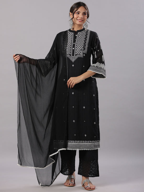 Juniper Women Black Cotton Dobby Embroidered Kurta, Pant & Dupatta Set.