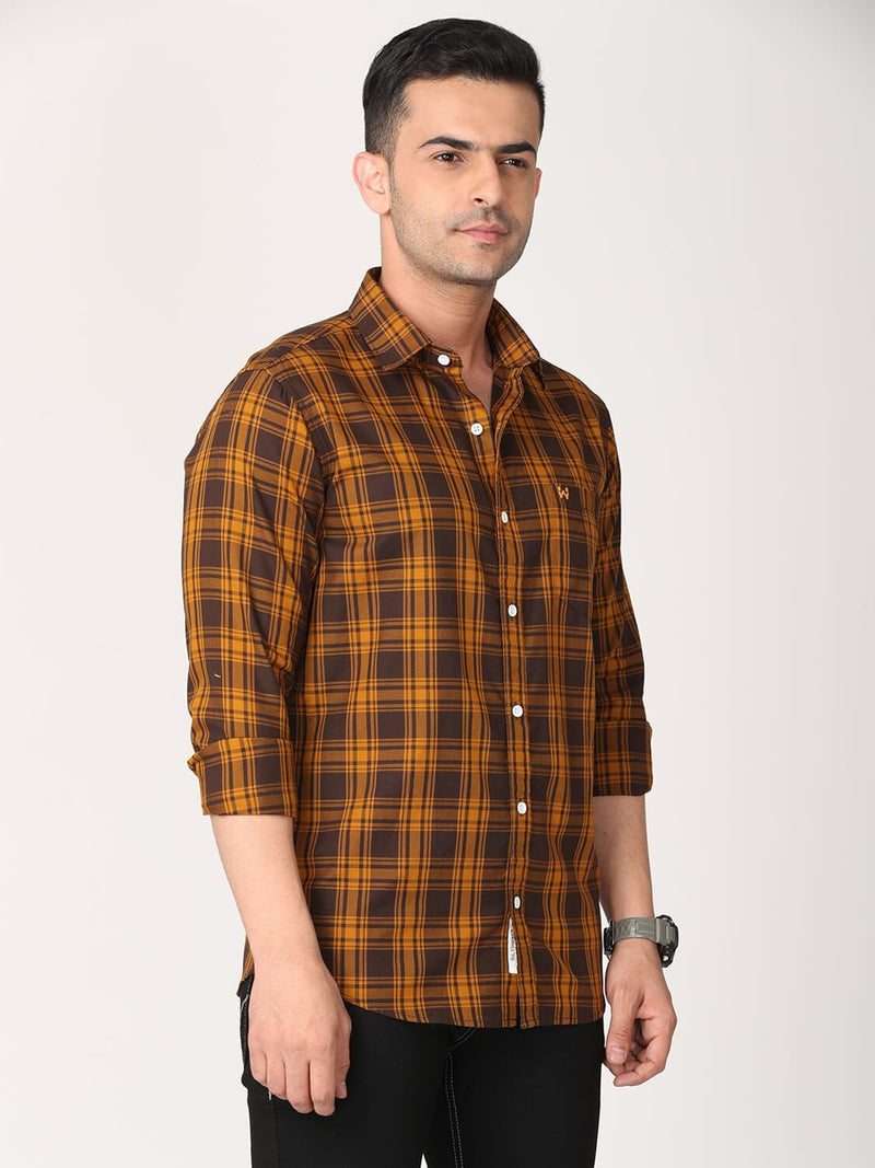 Men Coffee Brown & Marigold Slim Fit Checked Cotton Casual Shirt