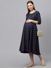 MomToBe Women's Cotton Blend Navy Blue Maternity/Feeding/Nursing Dress
