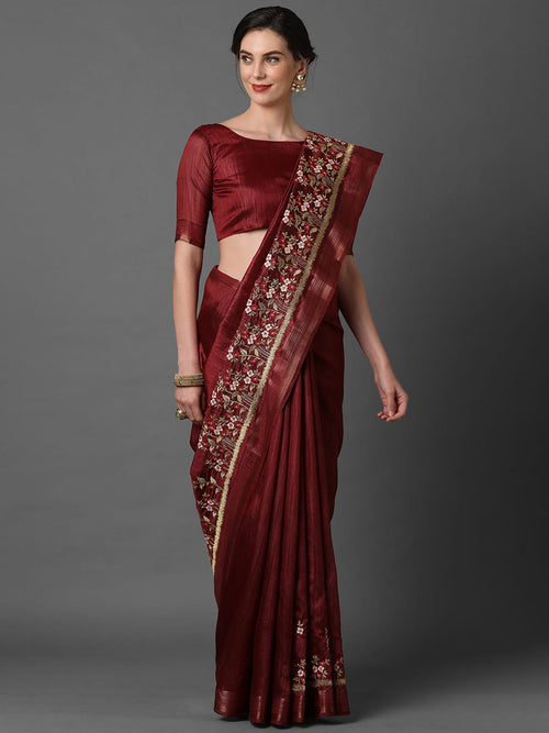 Sareemall Maroon Party Wear Polycotton Embroidered Saree With Unstitched Blouse
