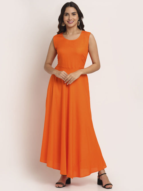 Aawari Rayon Plain Gown For Girls and Women Orange