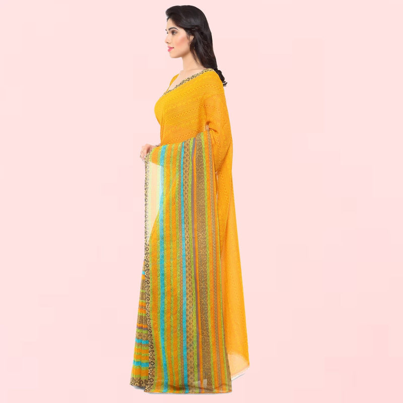 Yellow Paisley Striped Floral Print Daily Wear Georgette Saree
