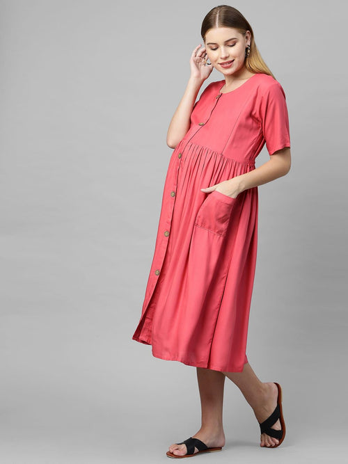 MomToBe Women's Rayon Strawberry Peach Maternity Dress