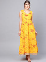 Juniper Mustard Georgette Printed Flared Dress With Hair-Band
