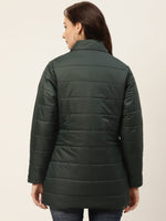 Women Green Longline Parka Jacket With Detachable Hood