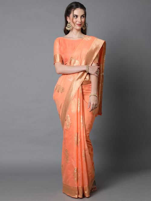 Sareemall Orange Festive Silk Blend Woven Design Saree With Unstitched Blouse