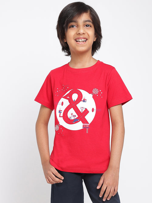 Tales & Stories Boy's Cotton Red Graphic Printed T-shirt