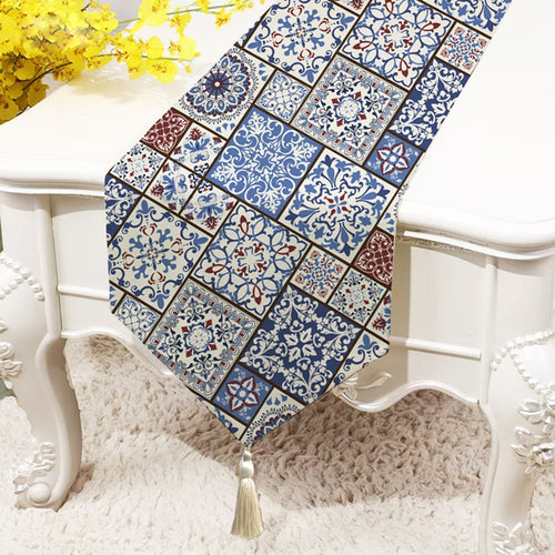 Ethnic Box Printed Cotton Canvas Table Runner (13 x 72 Inches, with Tassel)