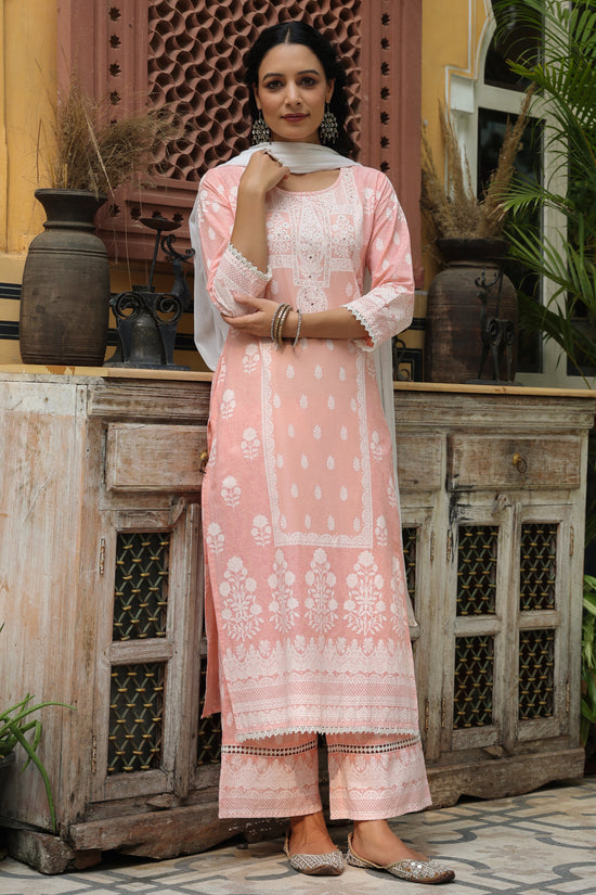 Juniper Women's Peach Printed Straight Kurta Sets