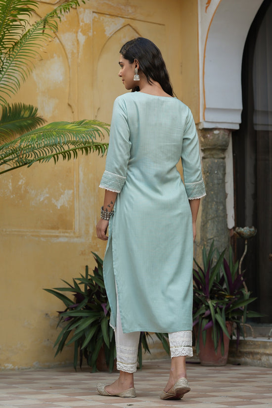 Juniper Women's Mint blue Rayon Slub Solid Embroidered Stright Kurta