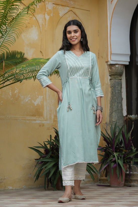 Juniper Women's Mint blue Rayon Slub Solid Embroidered Stright Kurta