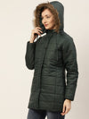 Women Green Longline Parka Jacket With Detachable Hood