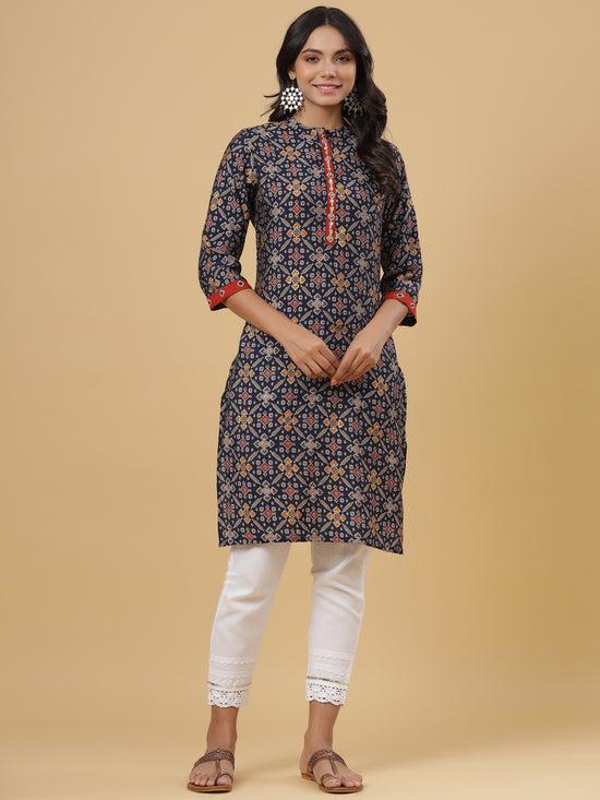 Juniper Women'S Navy Printed Straight Knee Length Kurta